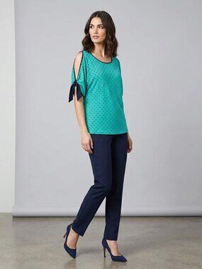 Laura Teal Polka Dot Cold-Shoulder Blouse with Black Trim